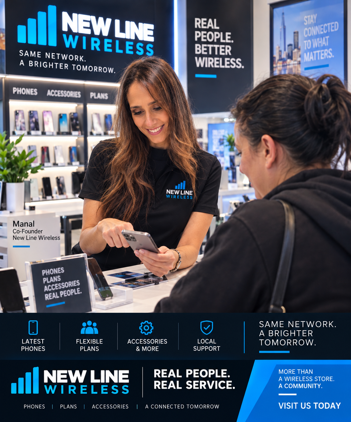 Manal, co-founder of New Line Wireless, helping a customer in-store